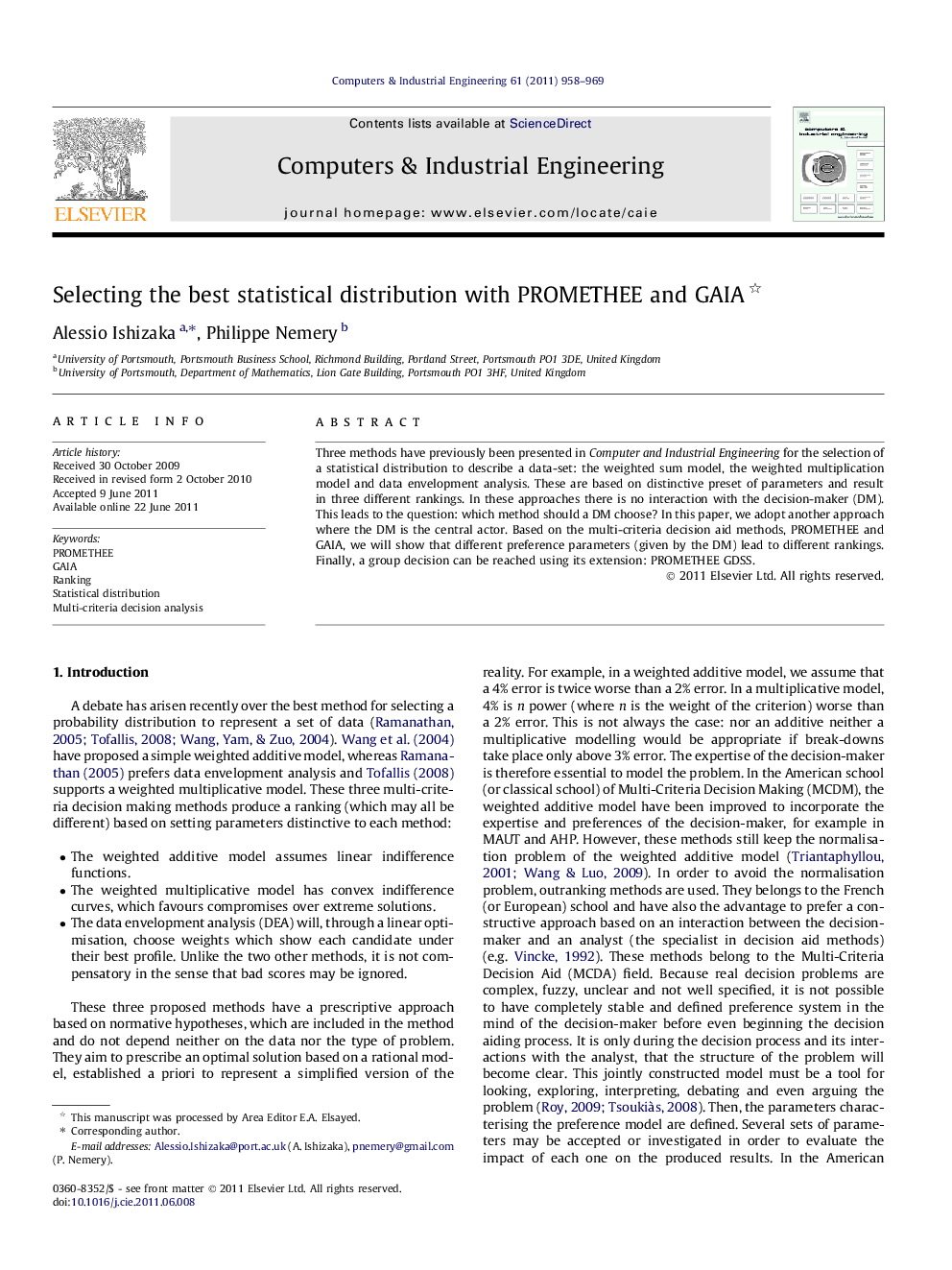 Selecting the best statistical distribution with PROMETHEE and GAIA 