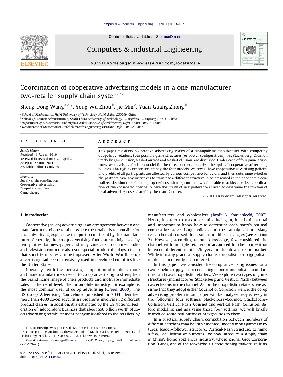 Coordination of cooperative advertising models in a one-manufacturer two-retailer supply chain system 