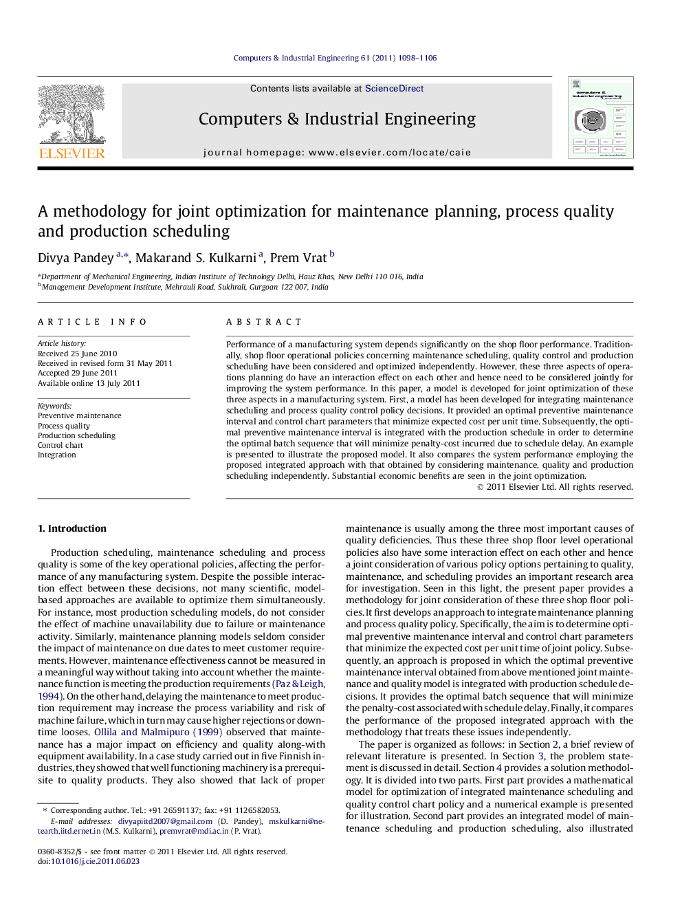 A methodology for joint optimization for maintenance planning, process quality and production scheduling