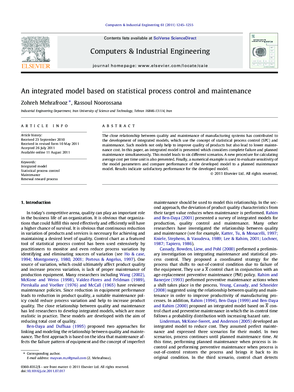 An integrated model based on statistical process control and maintenance