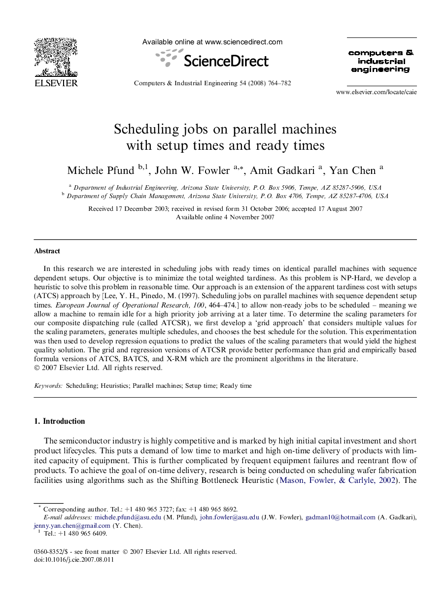 Scheduling jobs on parallel machines with setup times and ready times