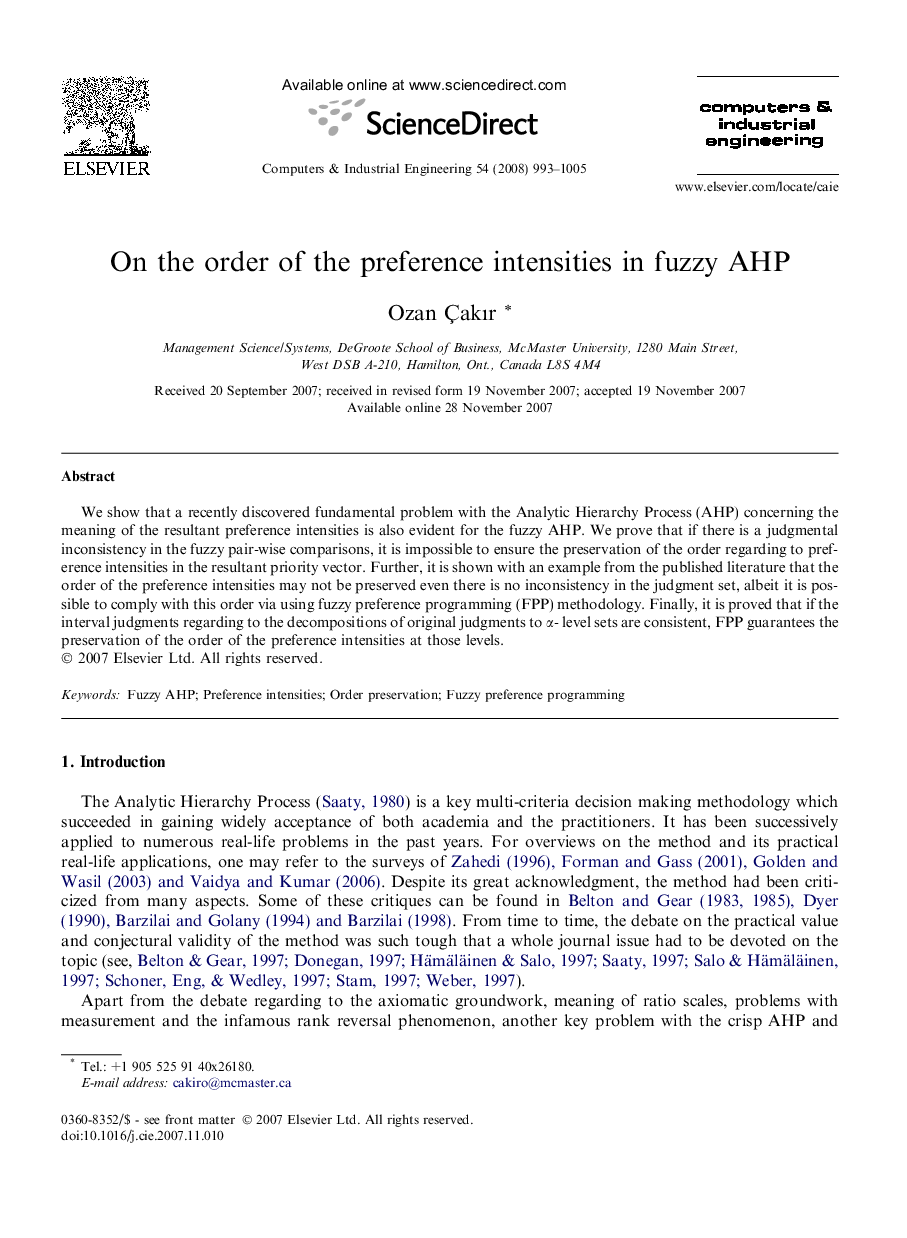 On the order of the preference intensities in fuzzy AHP