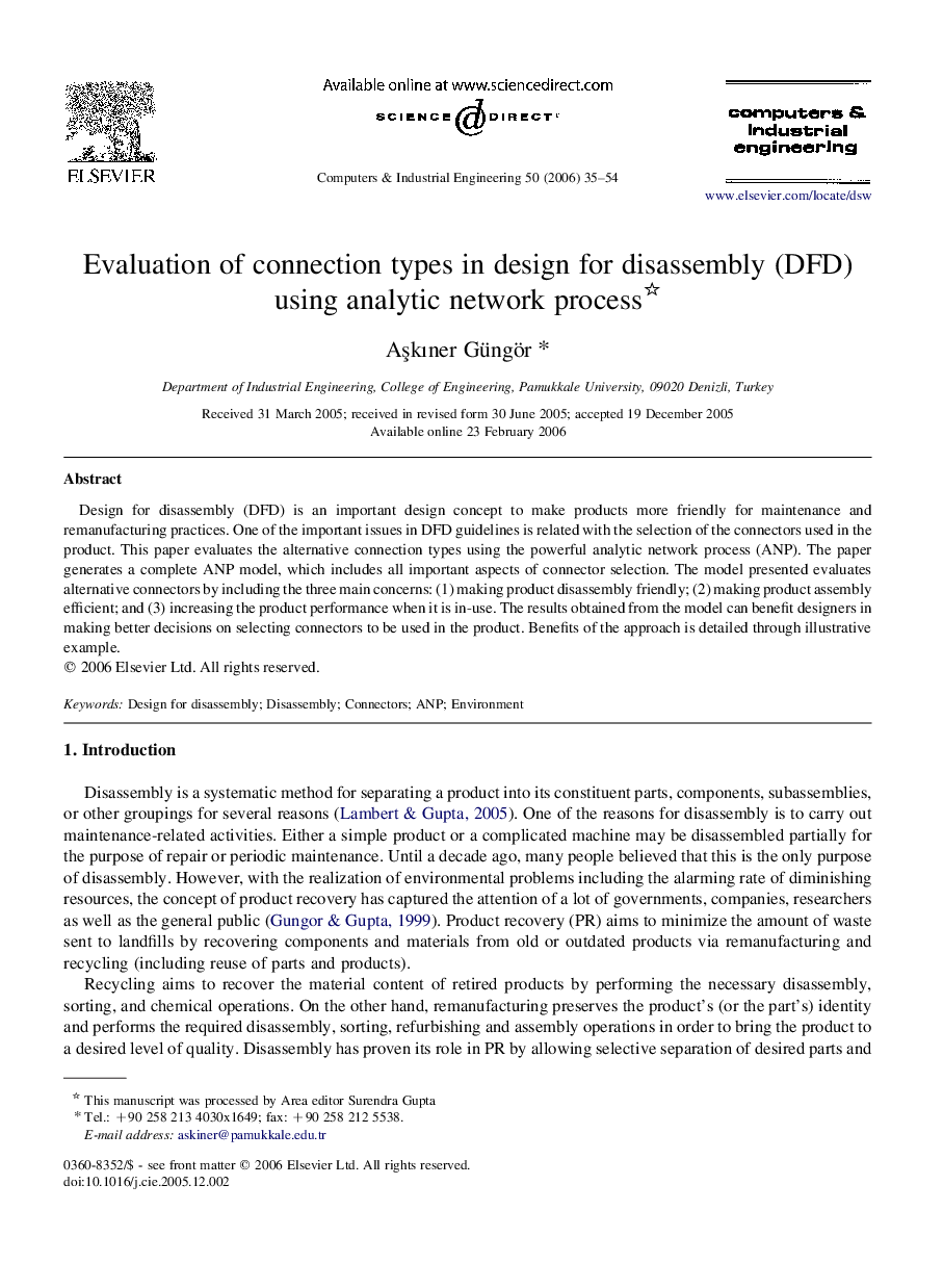 Evaluation of connection types in design for disassembly (DFD) using analytic network process 