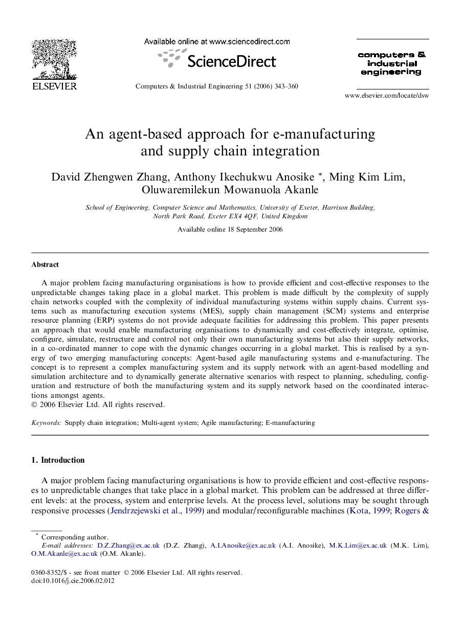 An agent-based approach for e-manufacturing and supply chain integration