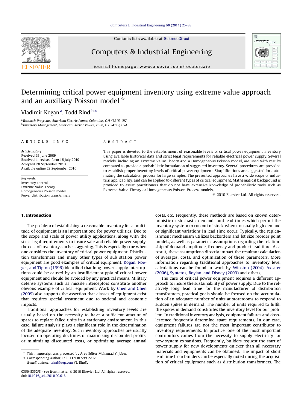 Determining critical power equipment inventory using extreme value approach and an auxiliary Poisson model 