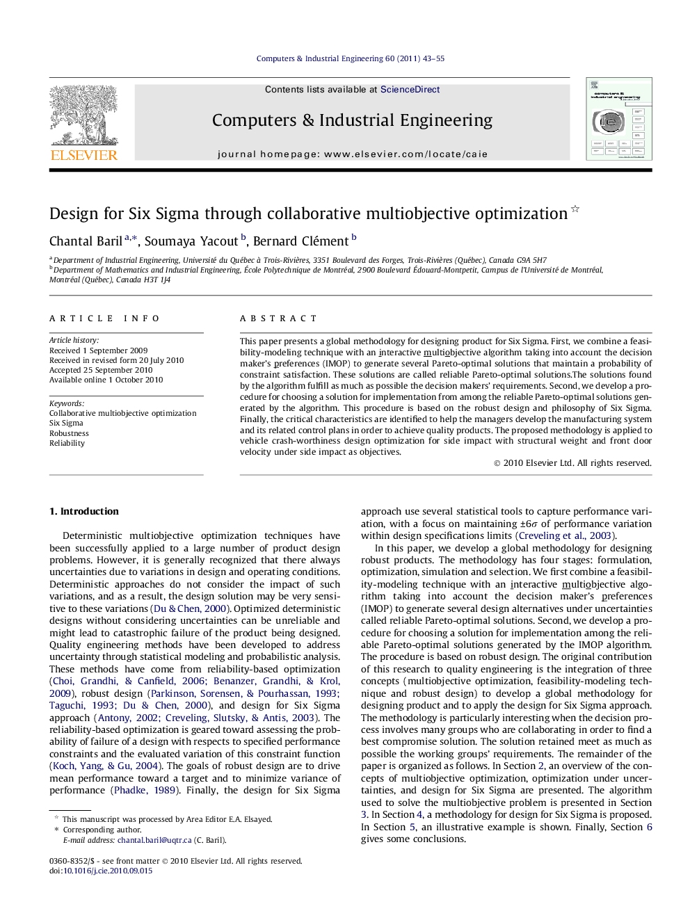 Design for Six Sigma through collaborative multiobjective optimization 