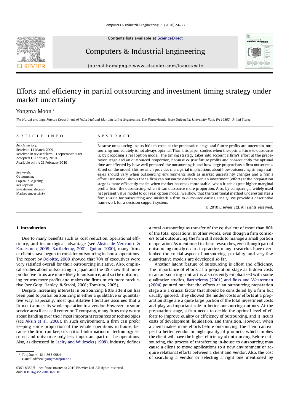 عکس صفحه اول مقاله: Efforts and efficiency in partial outsourcing and investment timing strategy under market uncertainty Efforts and efficiency in partial outsourcing and investment timing strategy under market uncertainty