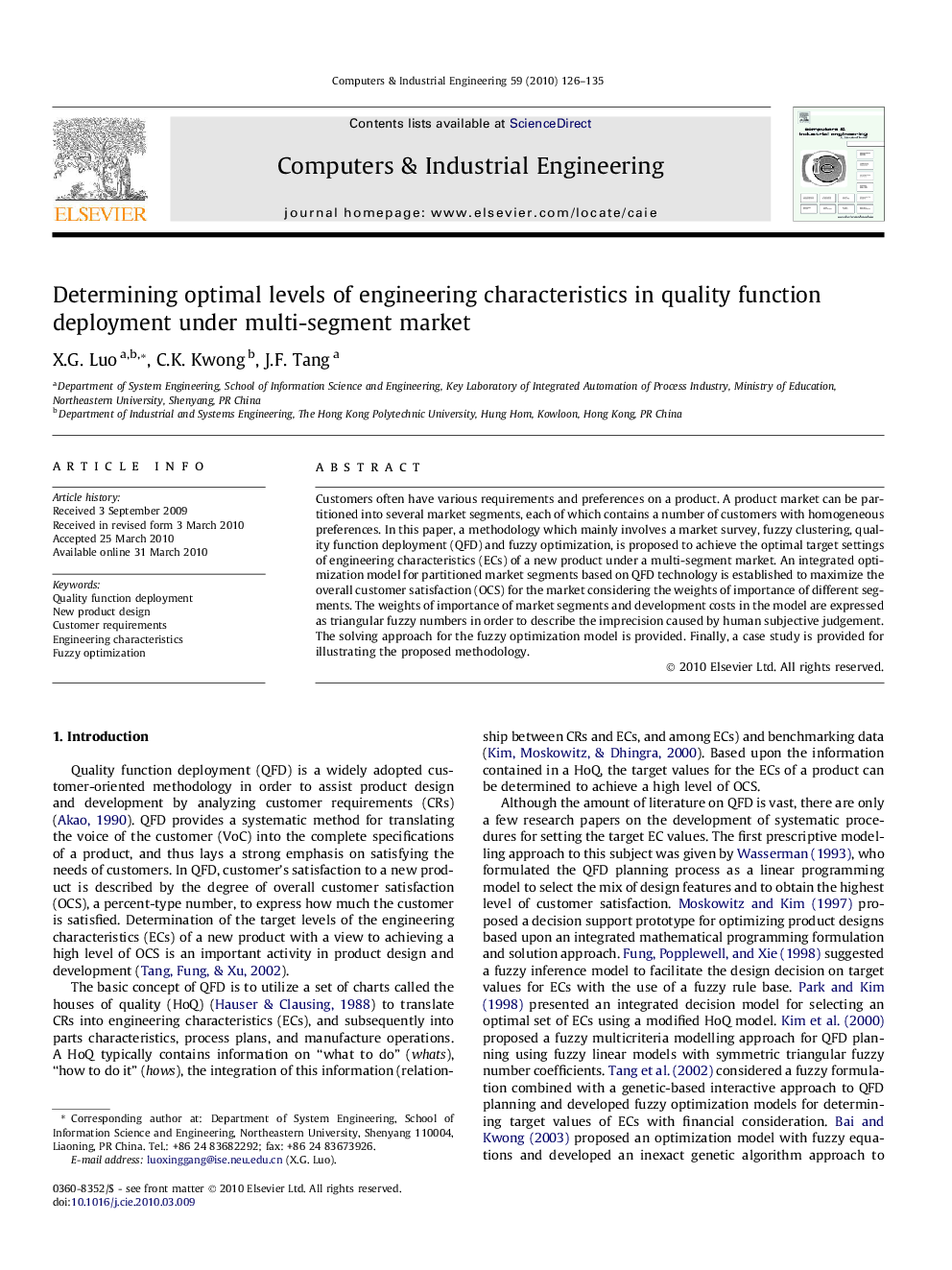 Determining optimal levels of engineering characteristics in quality function deployment under multi-segment market