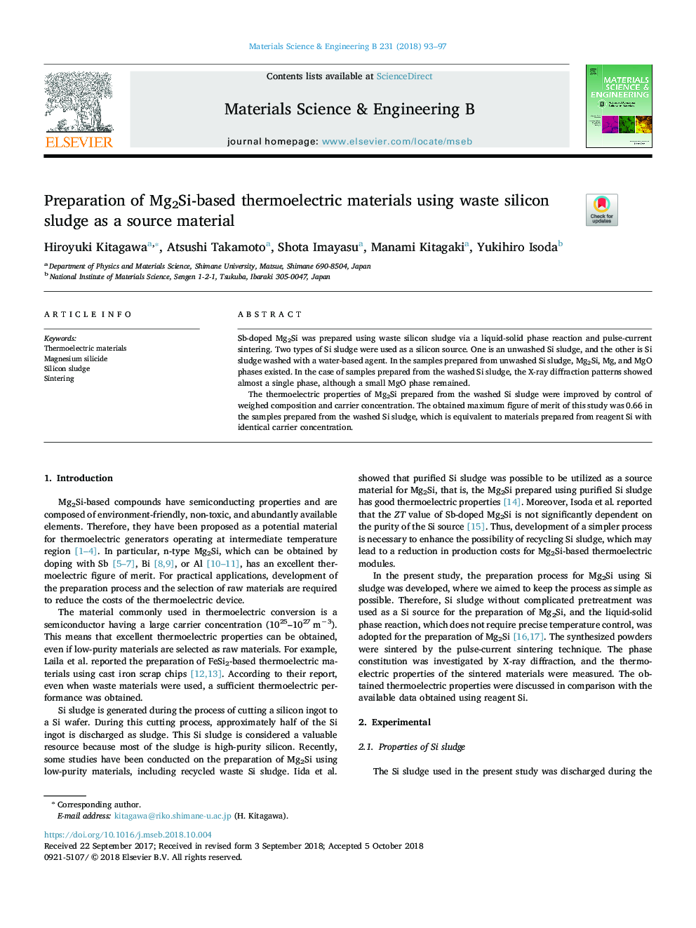 Preparation of Mg2Si-based thermoelectric materials using waste silicon sludge as a source material