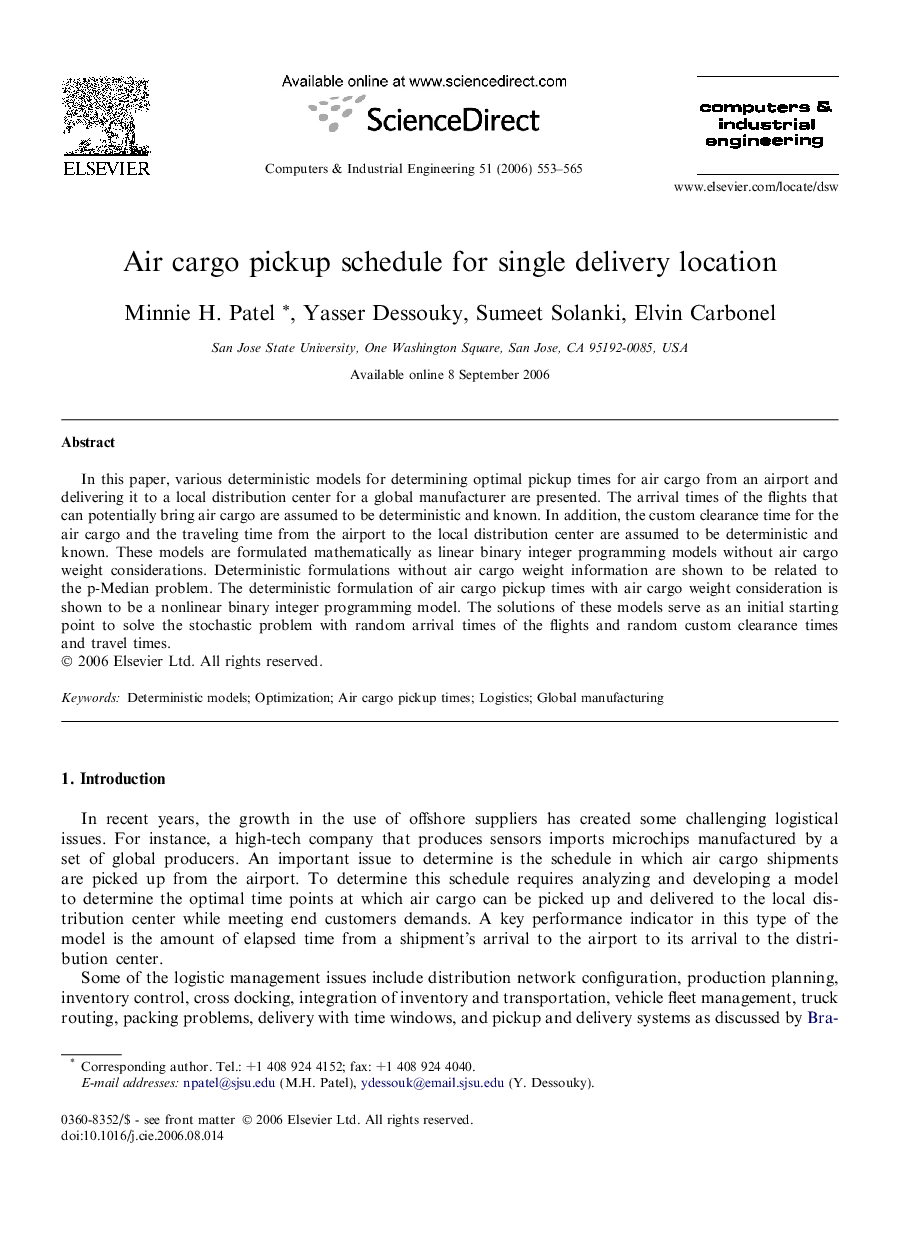 Air cargo pickup schedule for single delivery location