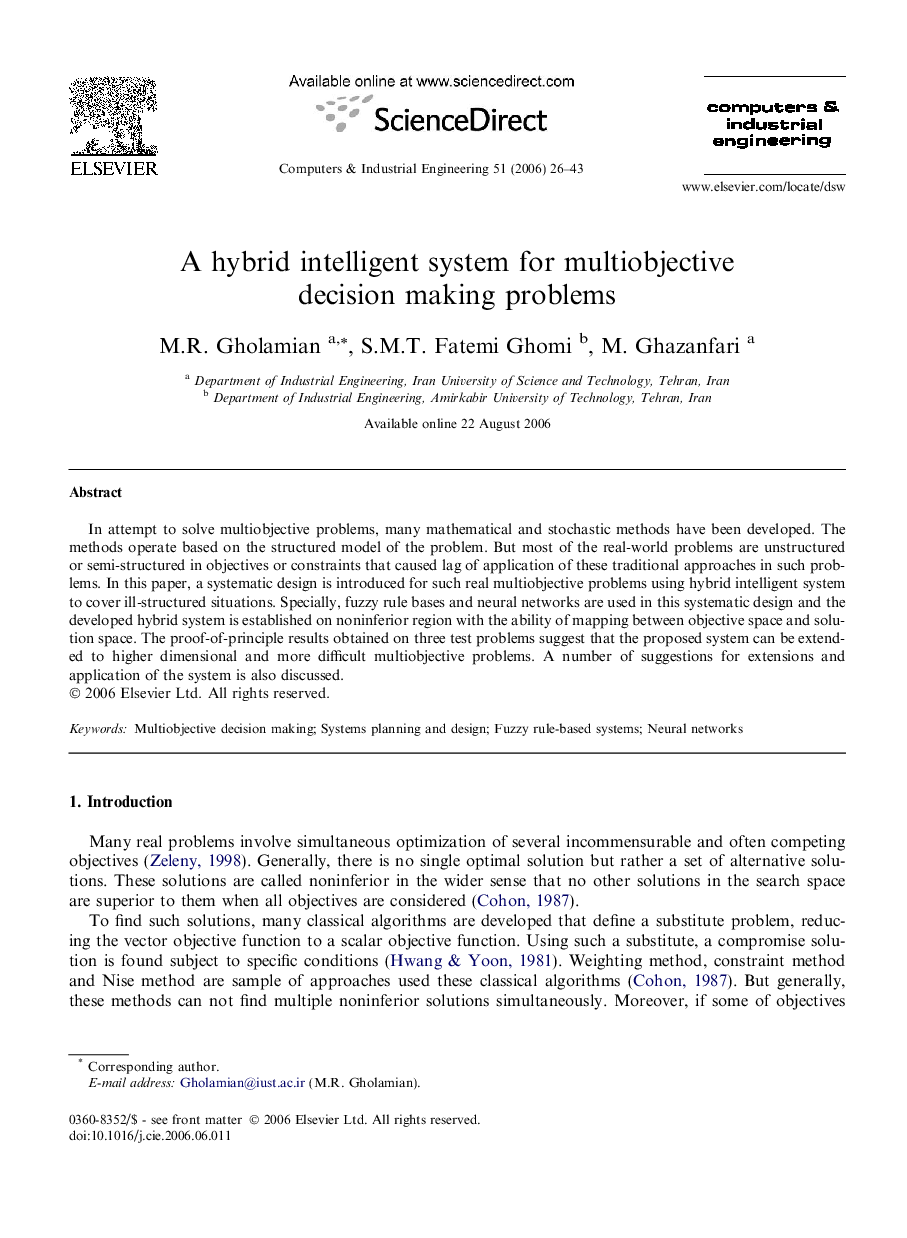 A hybrid intelligent system for multiobjective decision making problems