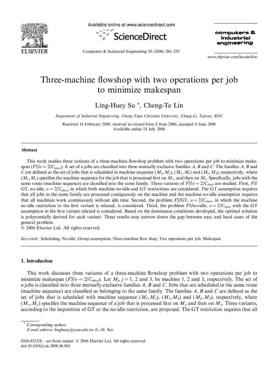 Three-machine flowshop with two operations per job to minimize makespan