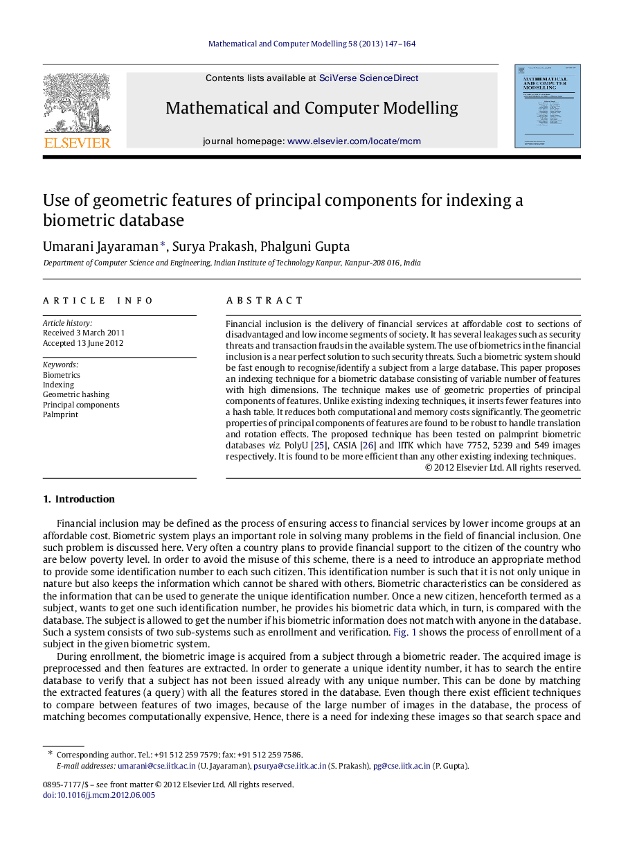 Use of geometric features of principal components for indexing a biometric database