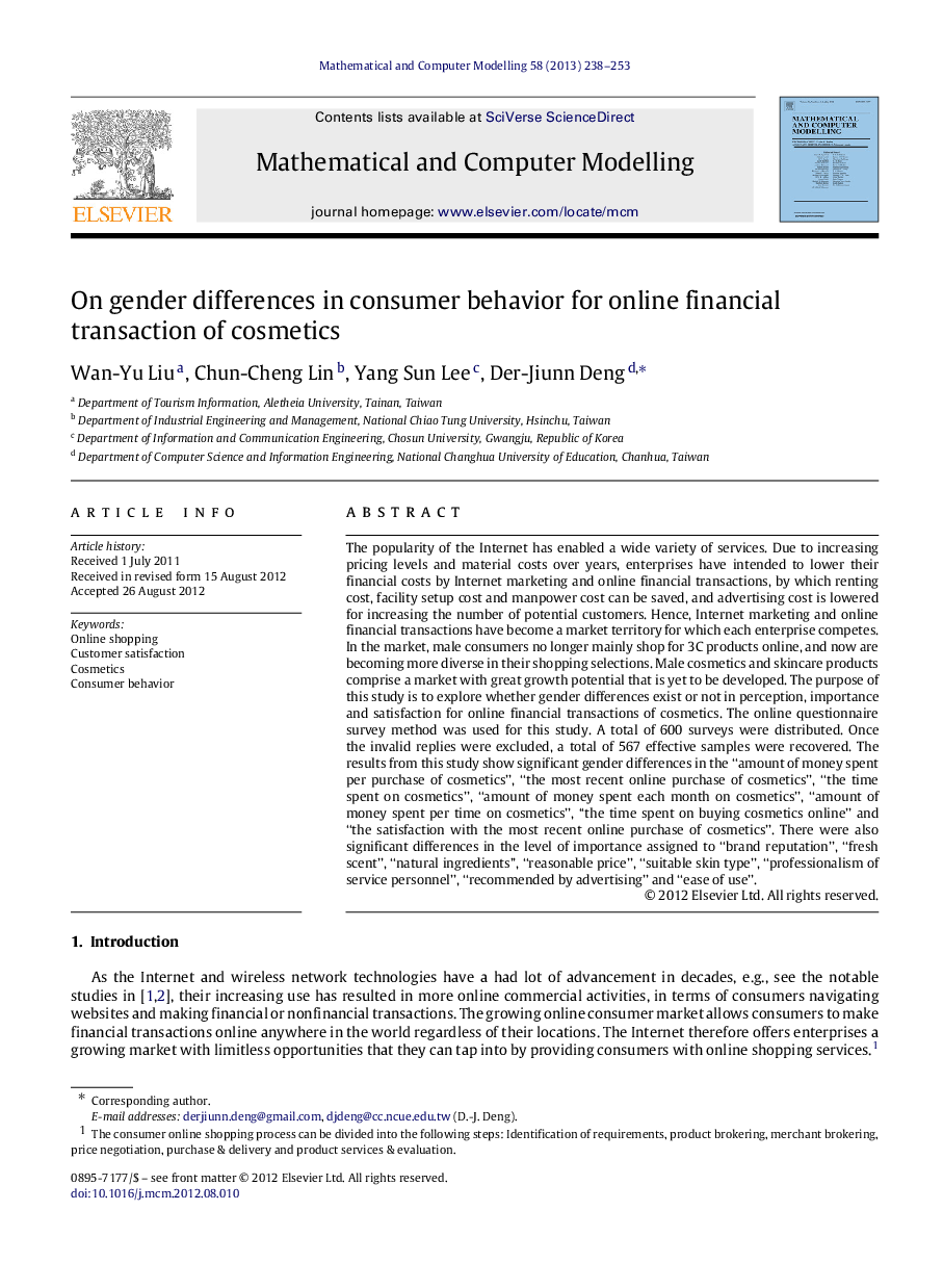 On gender differences in consumer behavior for online financial transaction of cosmetics