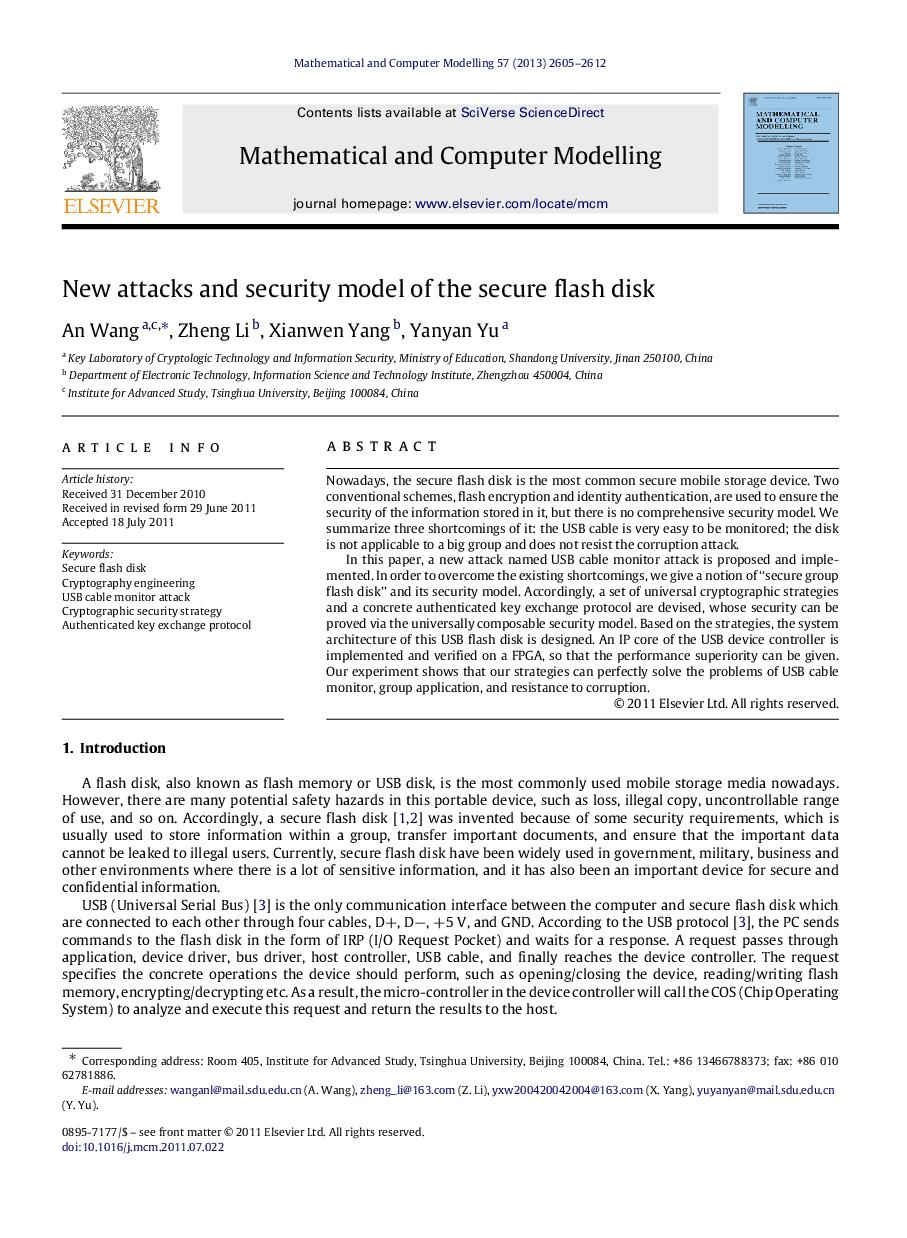 عکس صفحه اول مقاله: New attacks and security model of the secure flash disk New attacks and security model of the secure flash disk