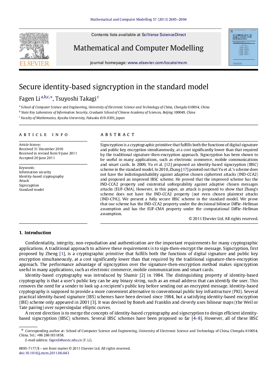 Secure identity-based signcryption in the standard model