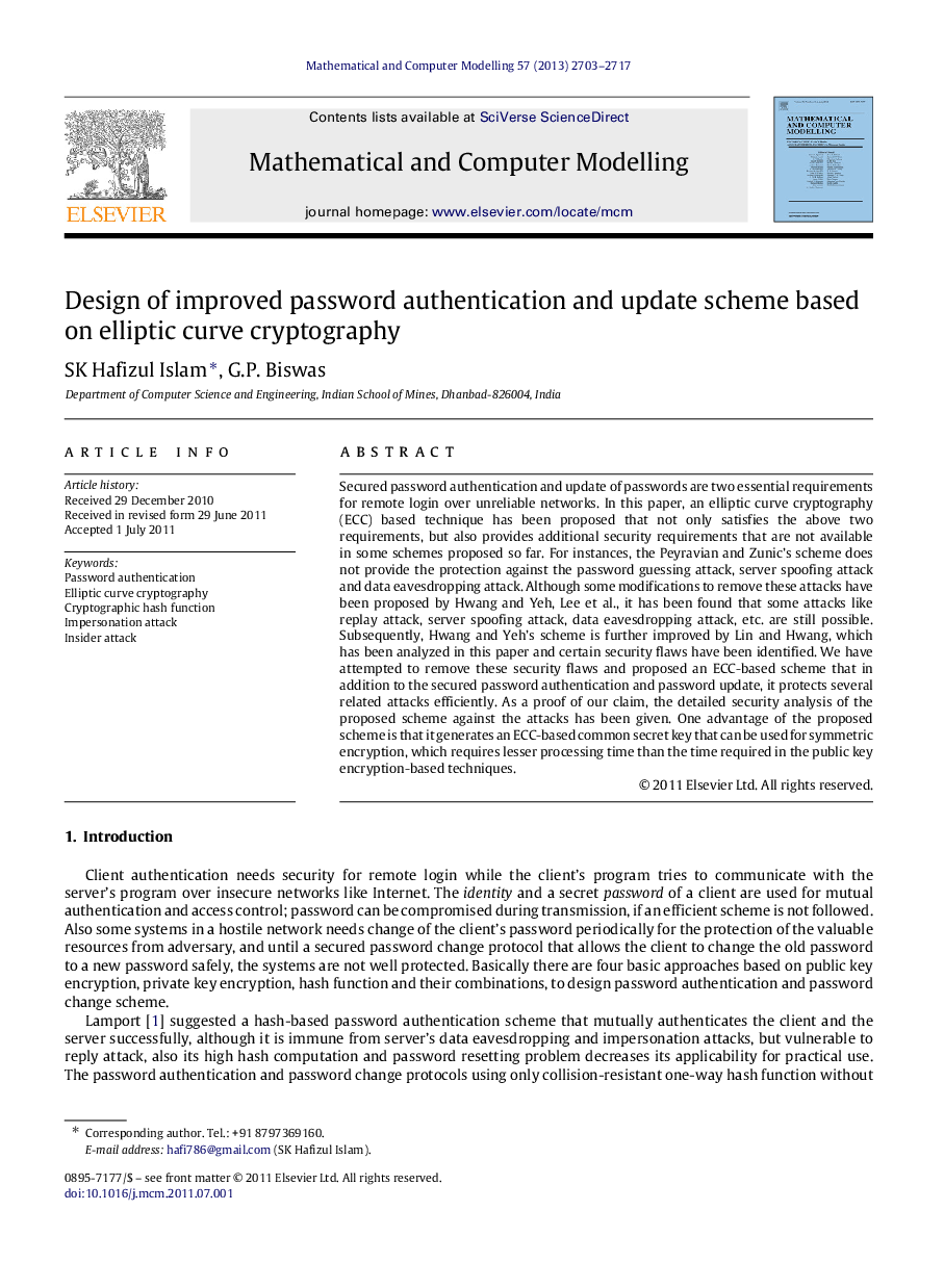 Design of improved password authentication and update scheme based on elliptic curve cryptography