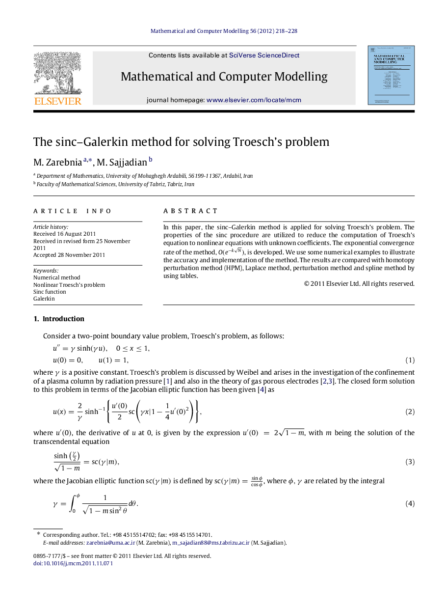 The sinc–Galerkin method for solving Troesch’s problem