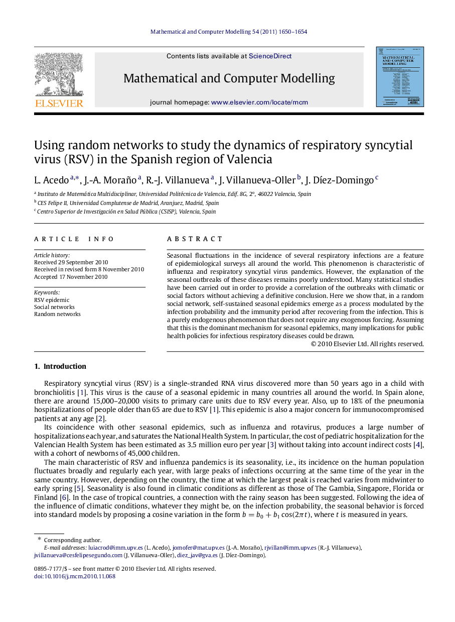 Using random networks to study the dynamics of respiratory syncytial virus (RSV) in the Spanish region of Valencia