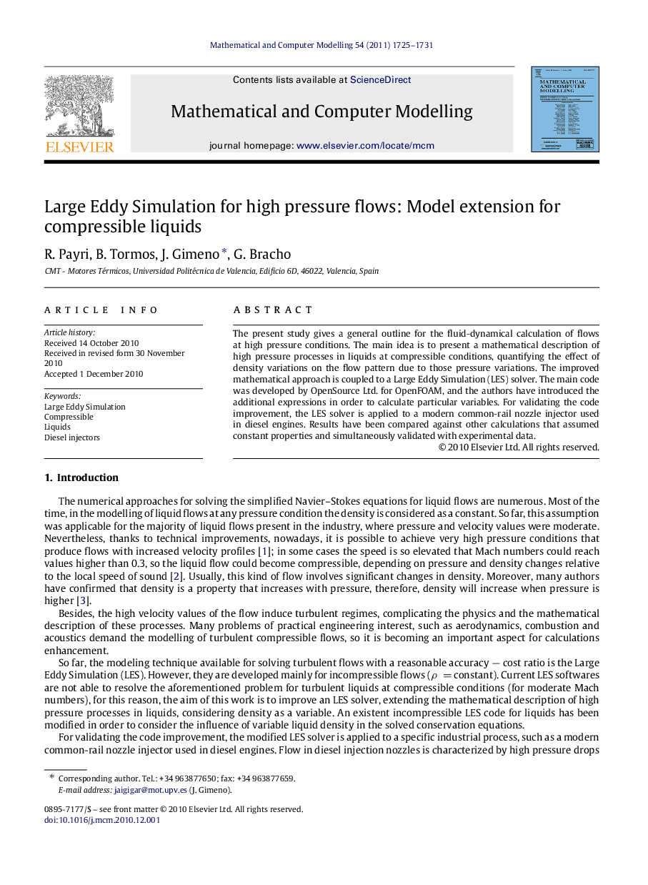 عکس صفحه اول مقاله: Large Eddy Simulation for high pressure flows: Model extension for compressible liquids Large Eddy Simulation for high pressure flows: Model extension for compressible liquids