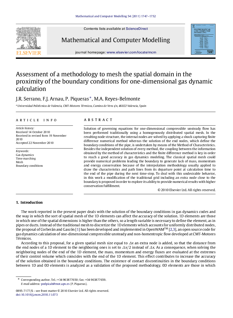 Assessment of a methodology to mesh the spatial domain in the proximity of the boundary conditions for one-dimensional gas dynamic calculation