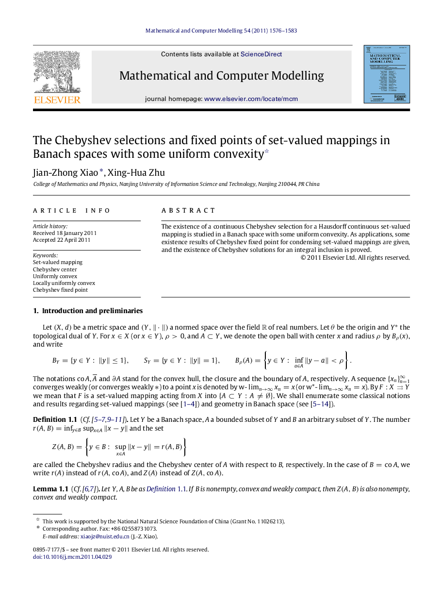 عکس صفحه اول مقاله: The Chebyshev selections and fixed points of set-valued mappings in Banach spaces with some uniform convexity The Chebyshev selections and fixed points of set-valued mappings in Banach spaces with some uniform convexity