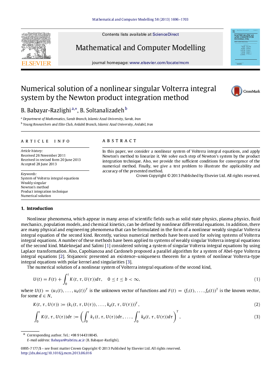 Numerical solution of a nonlinear singular Volterra integral system by the Newton product integration method