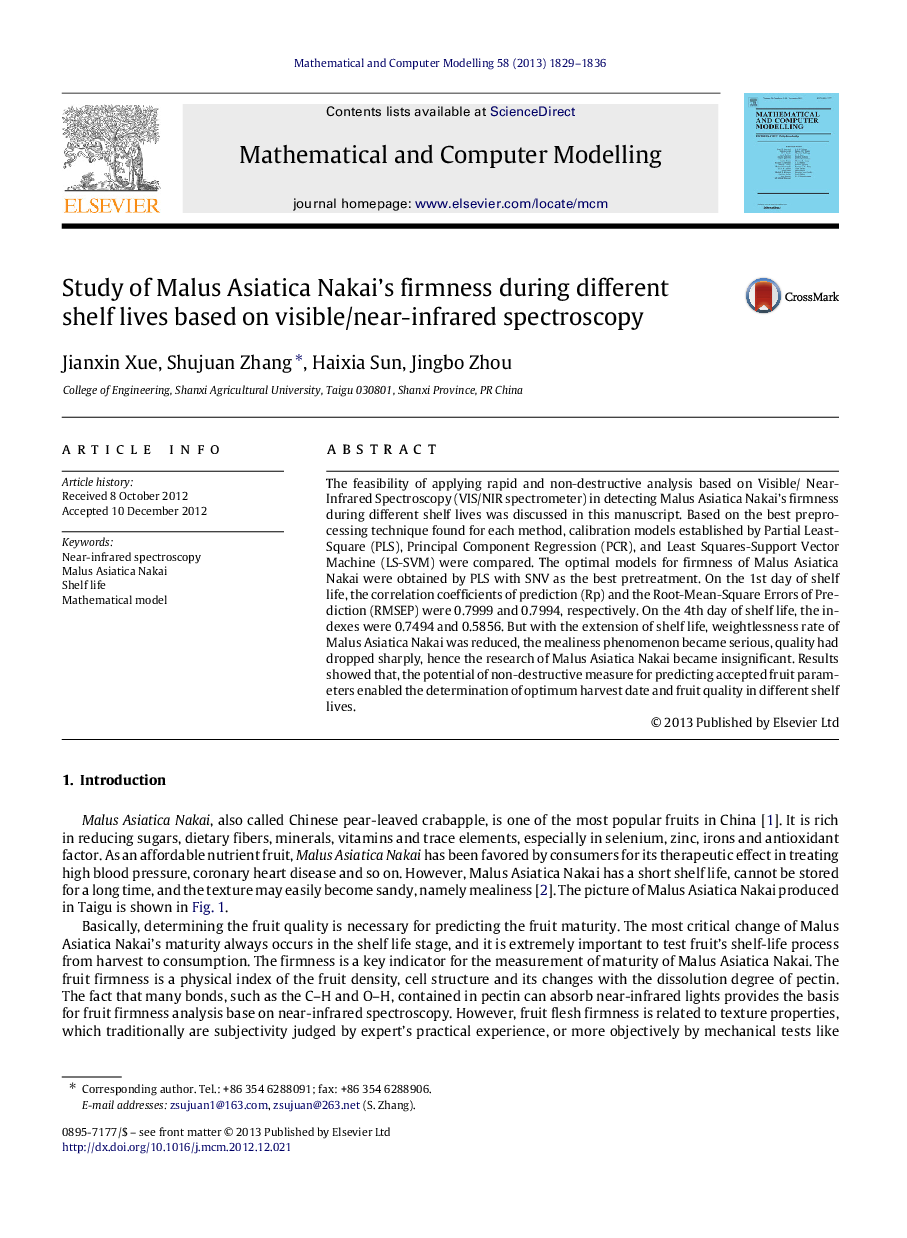 Study of Malus Asiatica Nakai’s firmness during different shelf lives based on visible/near-infrared spectroscopy