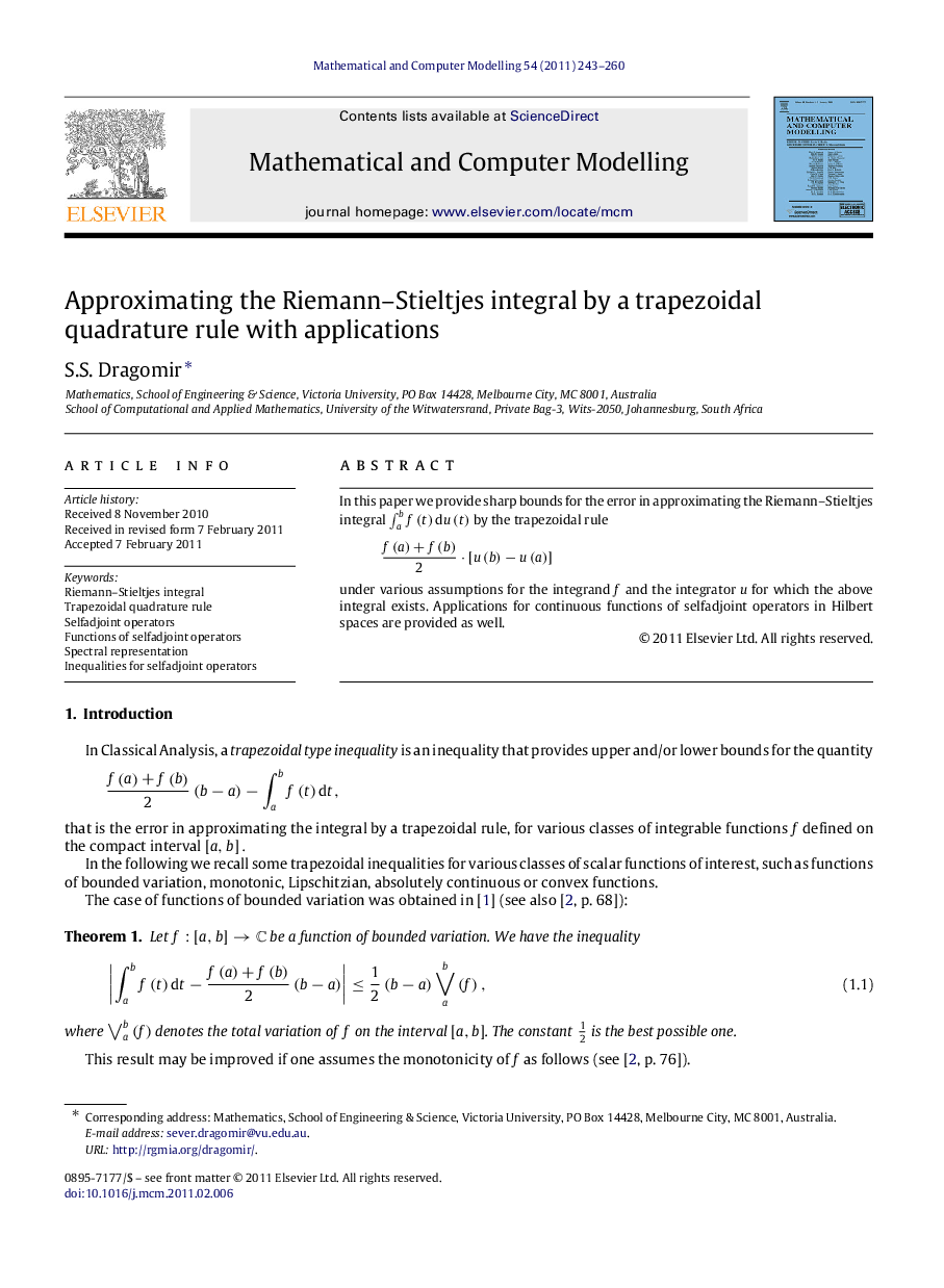 Approximating the Riemann–Stieltjes integral by a trapezoidal quadrature rule with applications