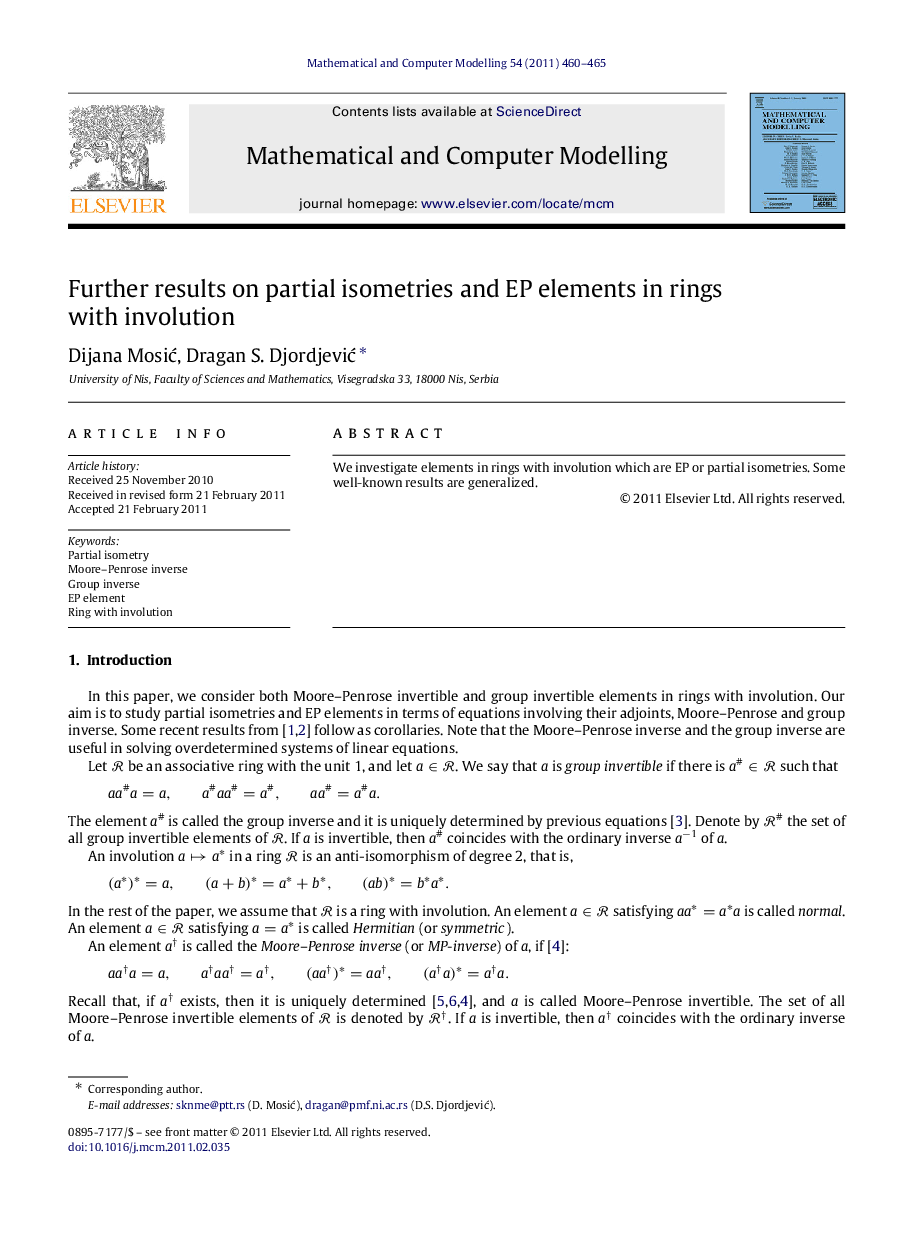 عکس صفحه اول مقاله: Further results on partial isometries and EP elements in rings with involution Further results on partial isometries and EP elements in rings with involution