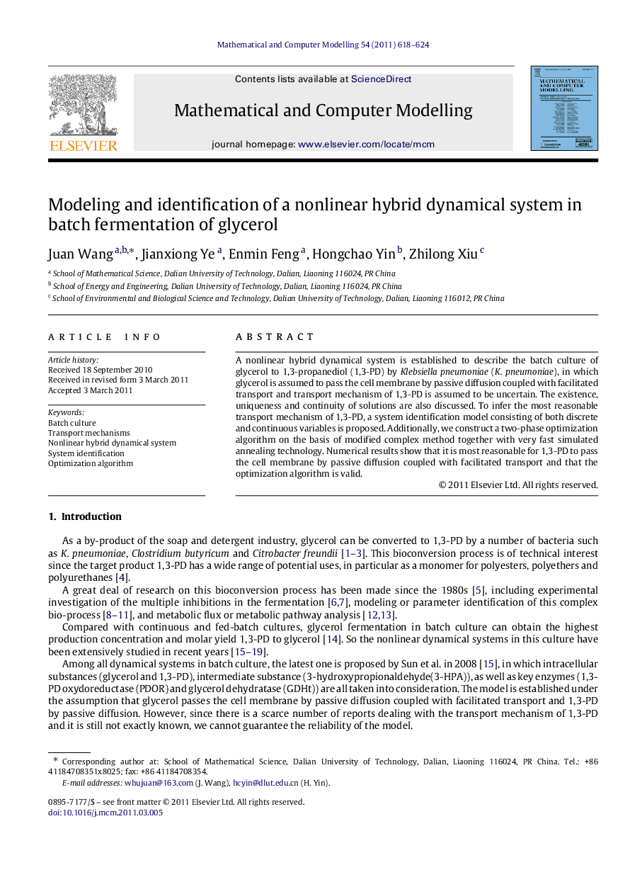 Modeling and identification of a nonlinear hybrid dynamical system in batch fermentation of glycerol