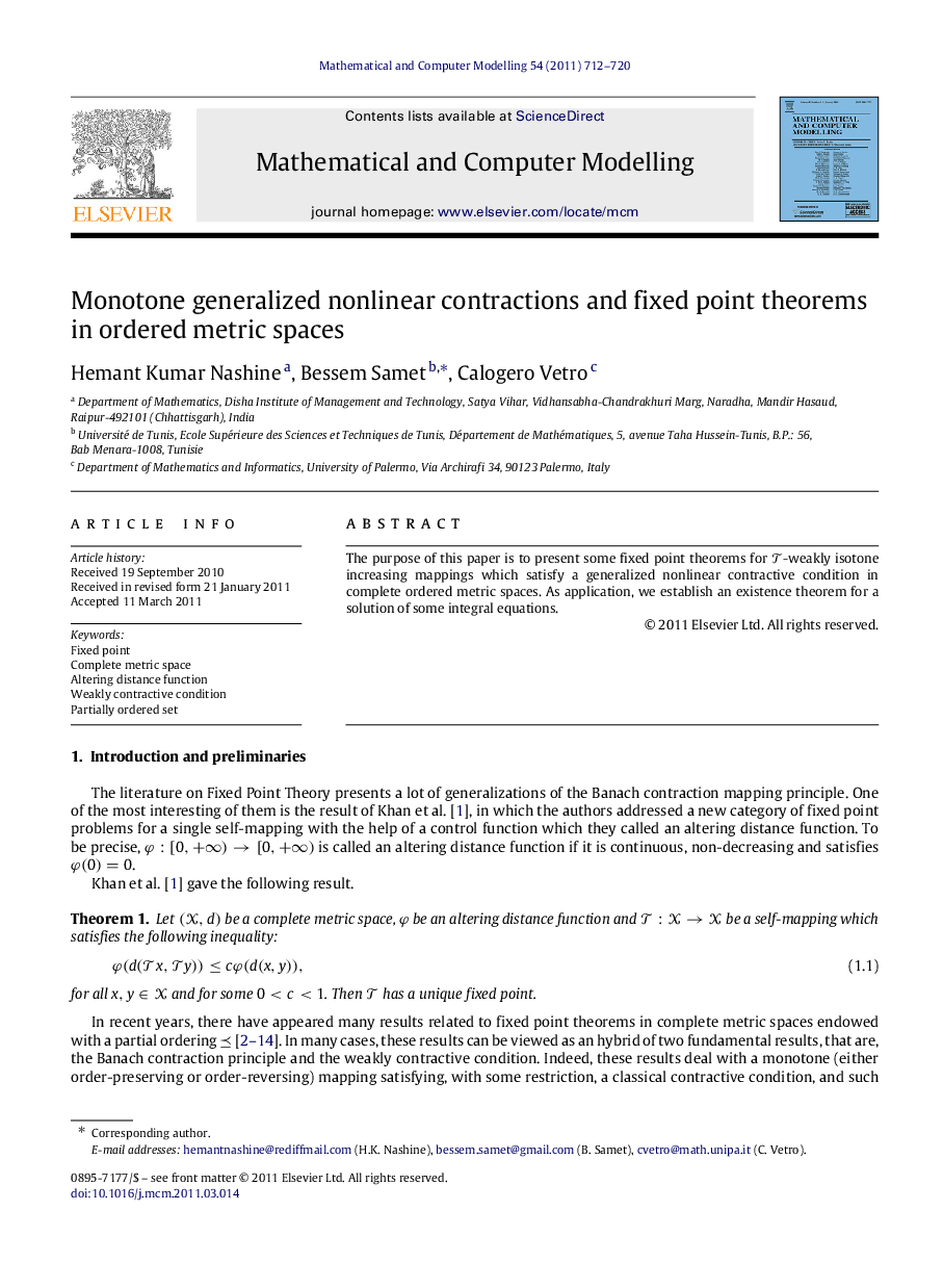 Monotone generalized nonlinear contractions and fixed point theorems in ordered metric spaces