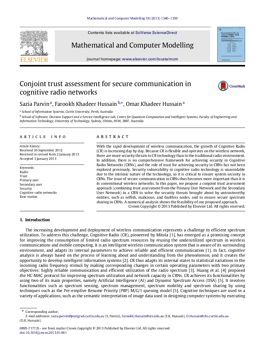 Conjoint trust assessment for secure communication in cognitive radio networks