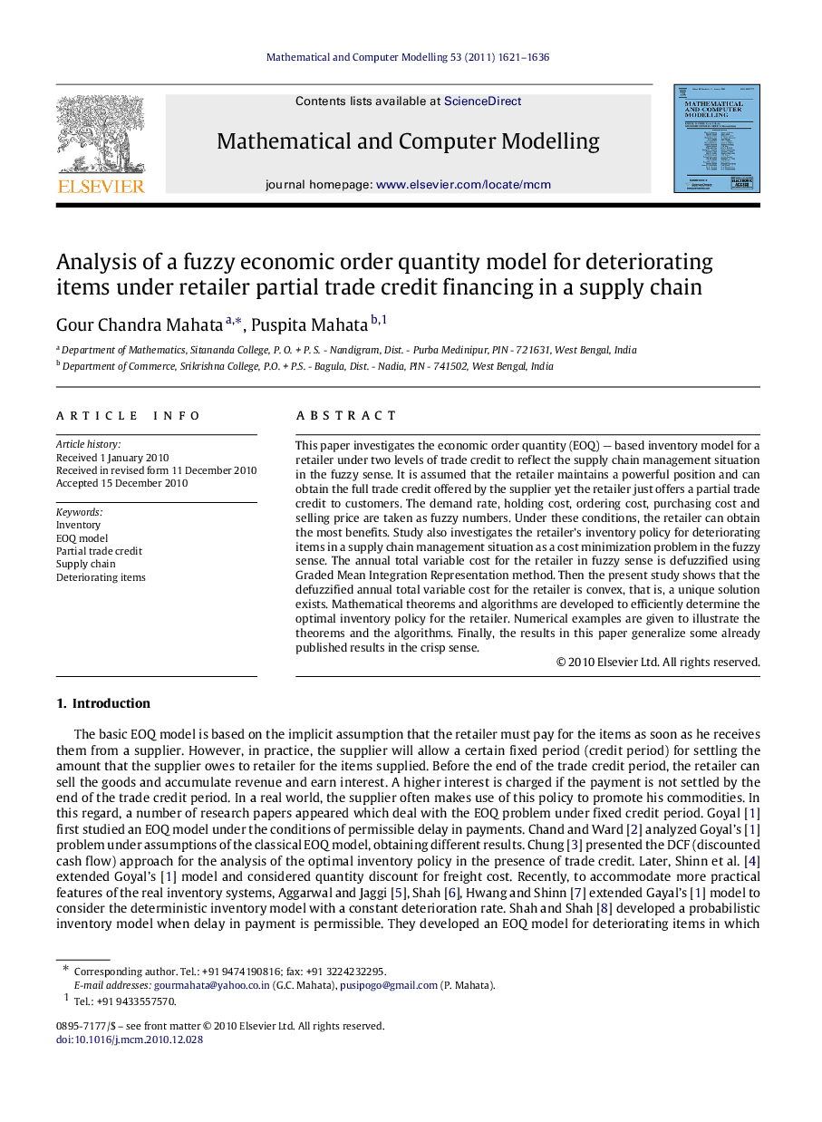 Analysis of a fuzzy economic order quantity model for deteriorating items under retailer partial trade credit financing in a supply chain