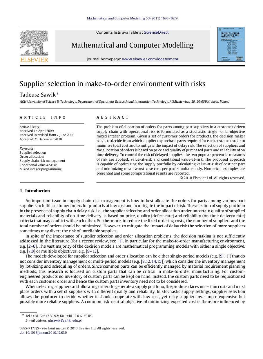 Supplier selection in make-to-order environment with risks