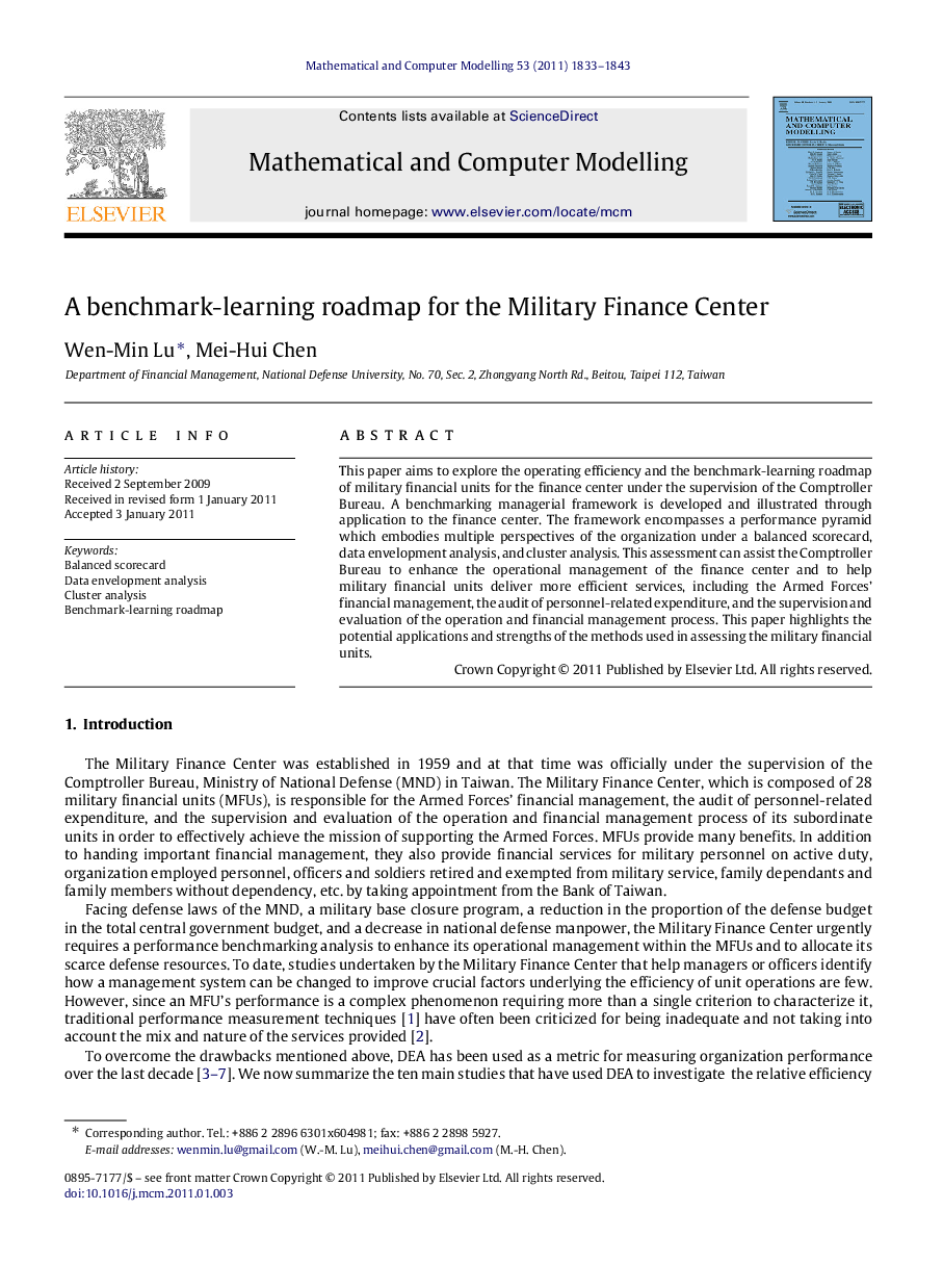 A benchmark-learning roadmap for the Military Finance Center