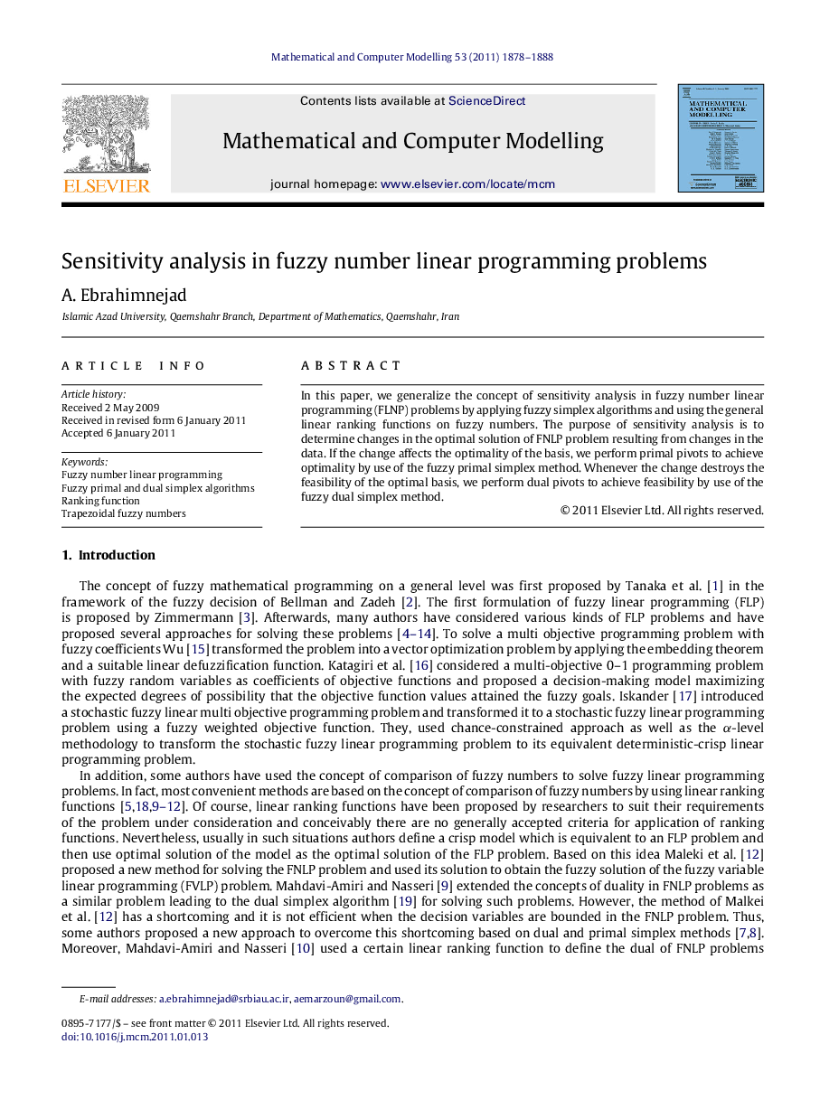 Sensitivity analysis in fuzzy number linear programming problems