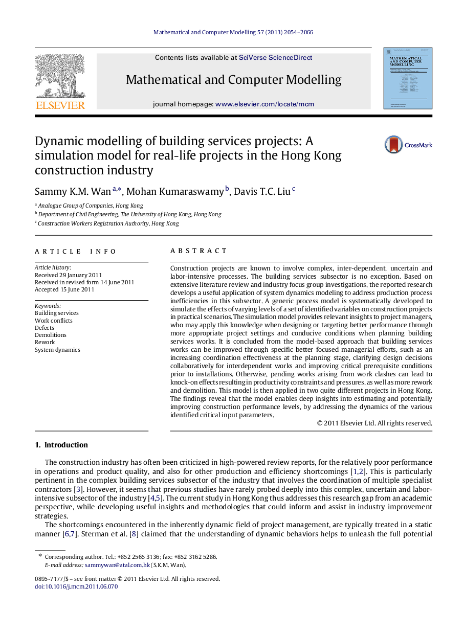 Dynamic modelling of building services projects: A simulation model for real-life projects in the Hong Kong construction industry