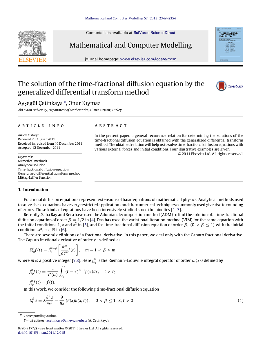 The solution of the time-fractional diffusion equation by the generalized differential transform method