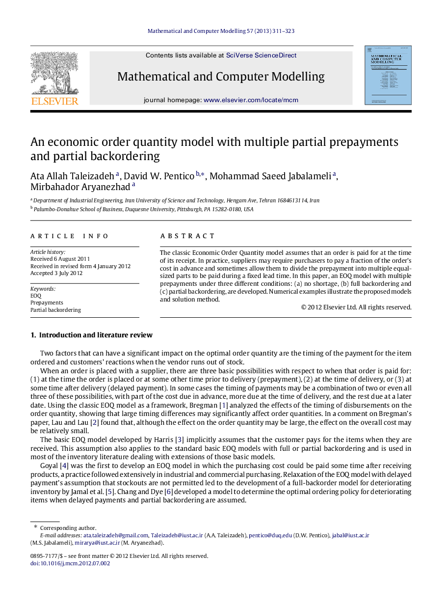 An economic order quantity model with multiple partial prepayments and partial backordering