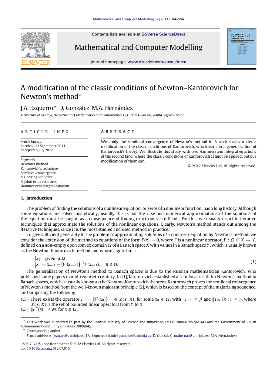 A modification of the classic conditions of Newton–Kantorovich for Newton’s method 