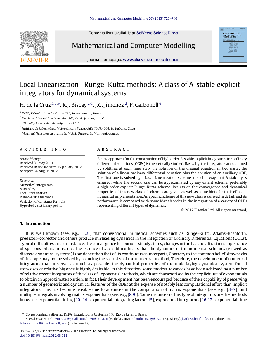 Local Linearization—Runge–Kutta methods: A class of A-stable explicit integrators for dynamical systems