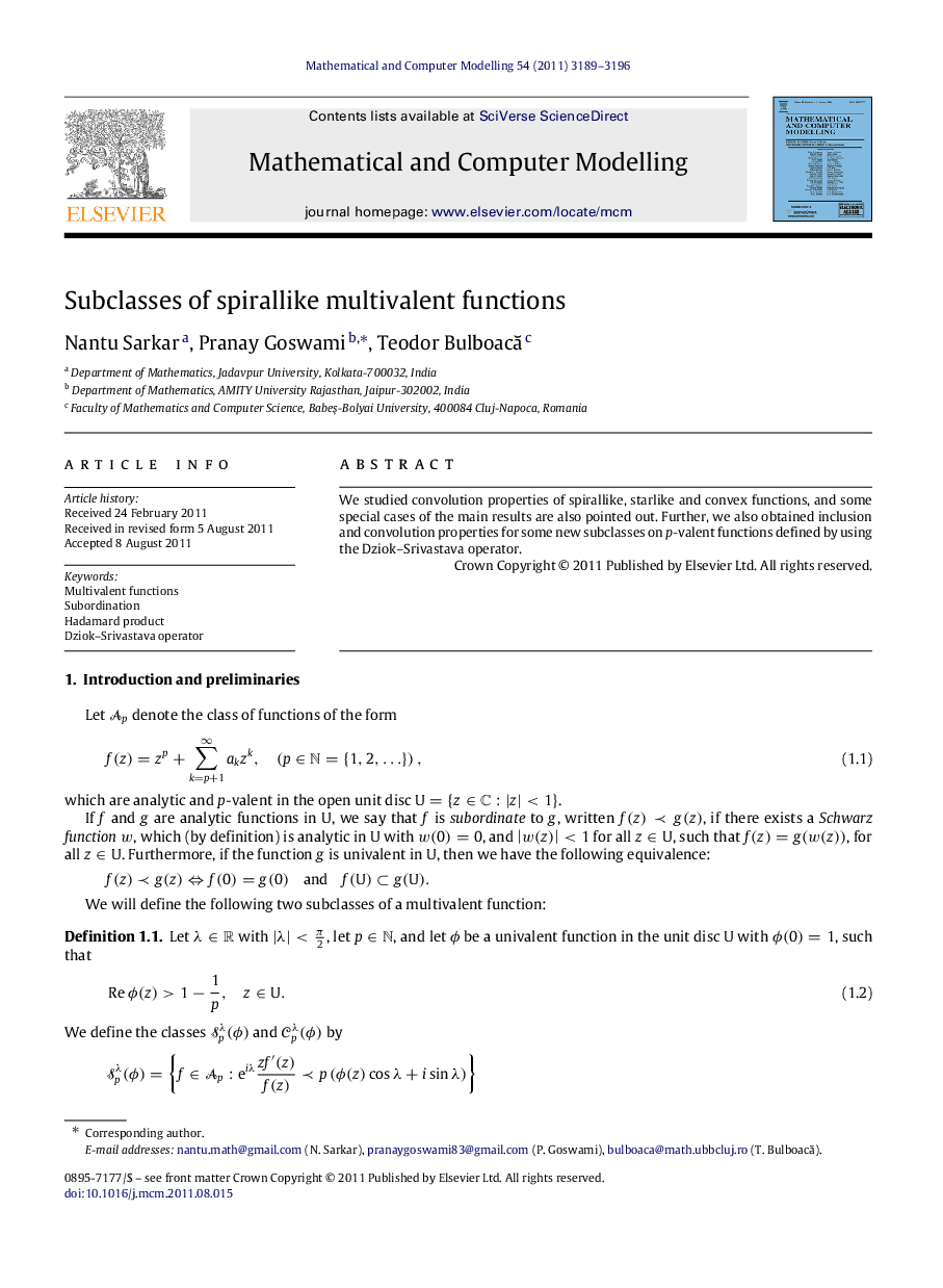 Subclasses of spirallike multivalent functions