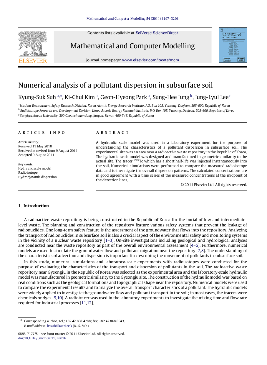 Numerical analysis of a pollutant dispersion in subsurface soil