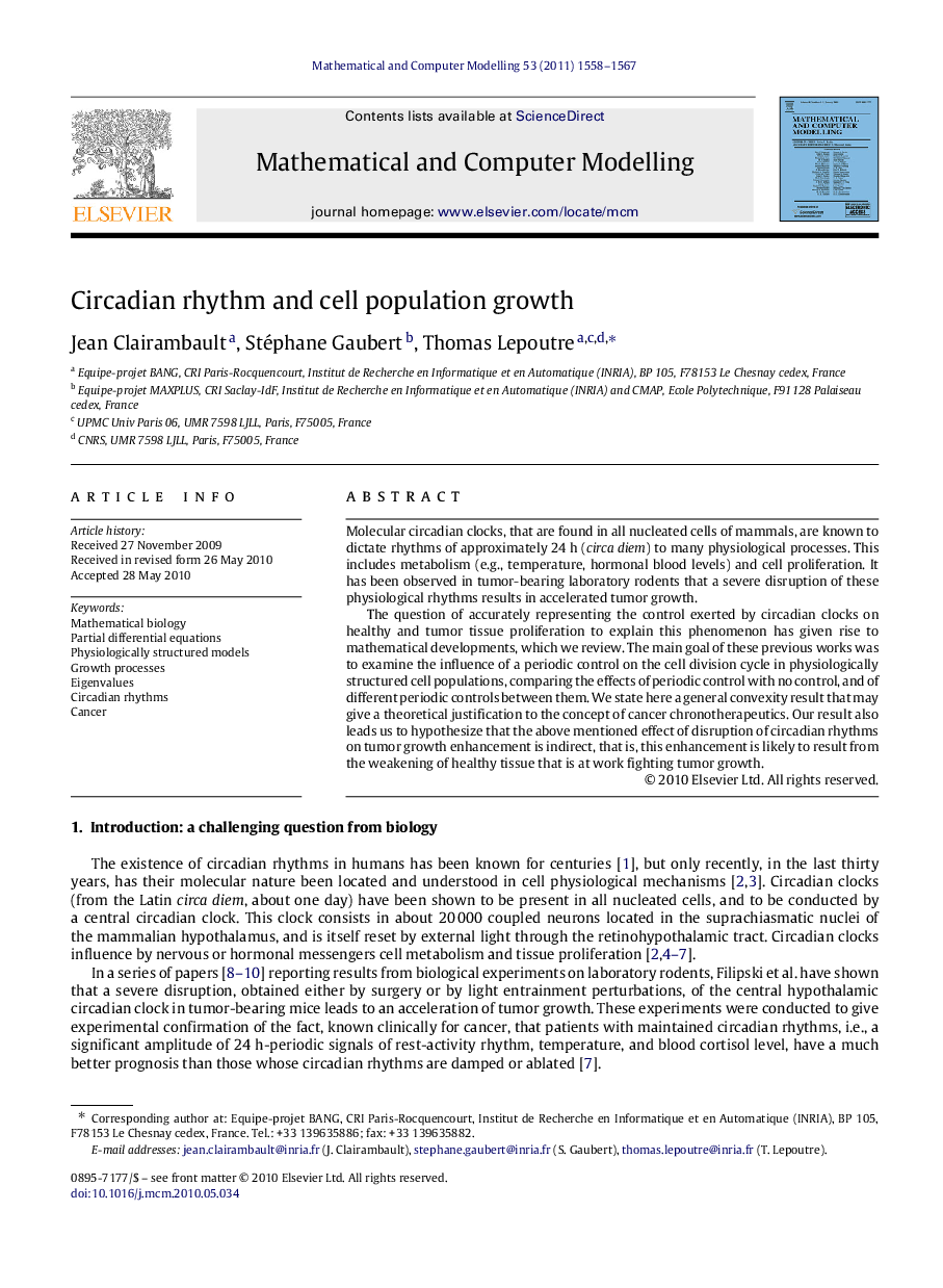 Circadian rhythm and cell population growth