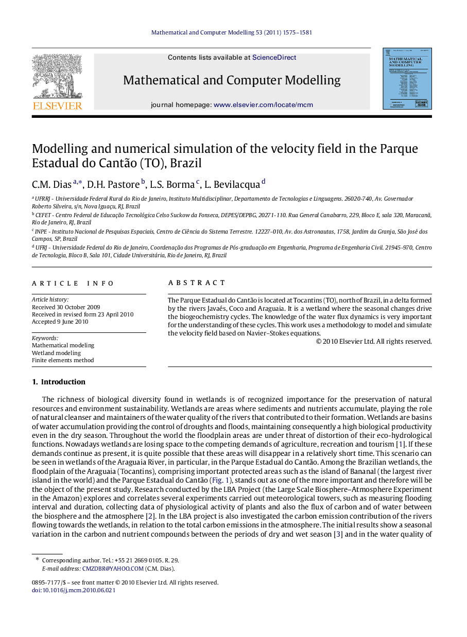 Modelling and numerical simulation of the velocity field in the Parque Estadual do Cantão (TO), Brazil