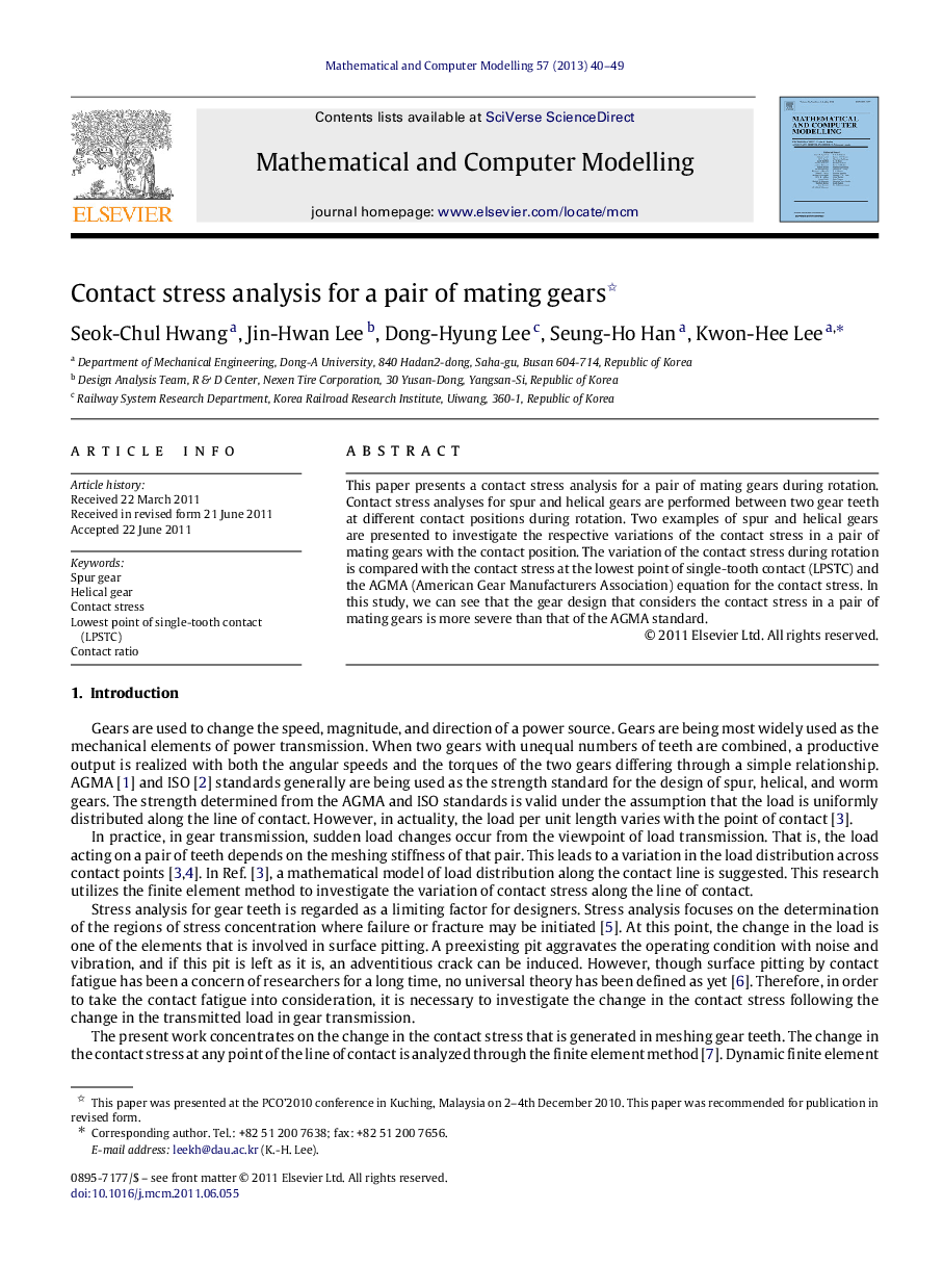 Contact stress analysis for a pair of mating gears