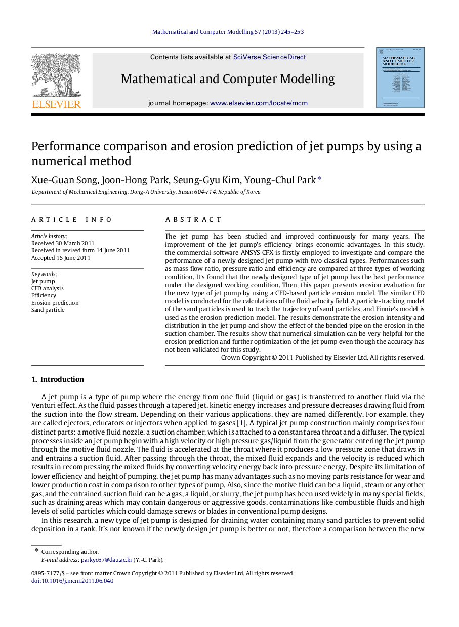 Performance comparison and erosion prediction of jet pumps by using a numerical method