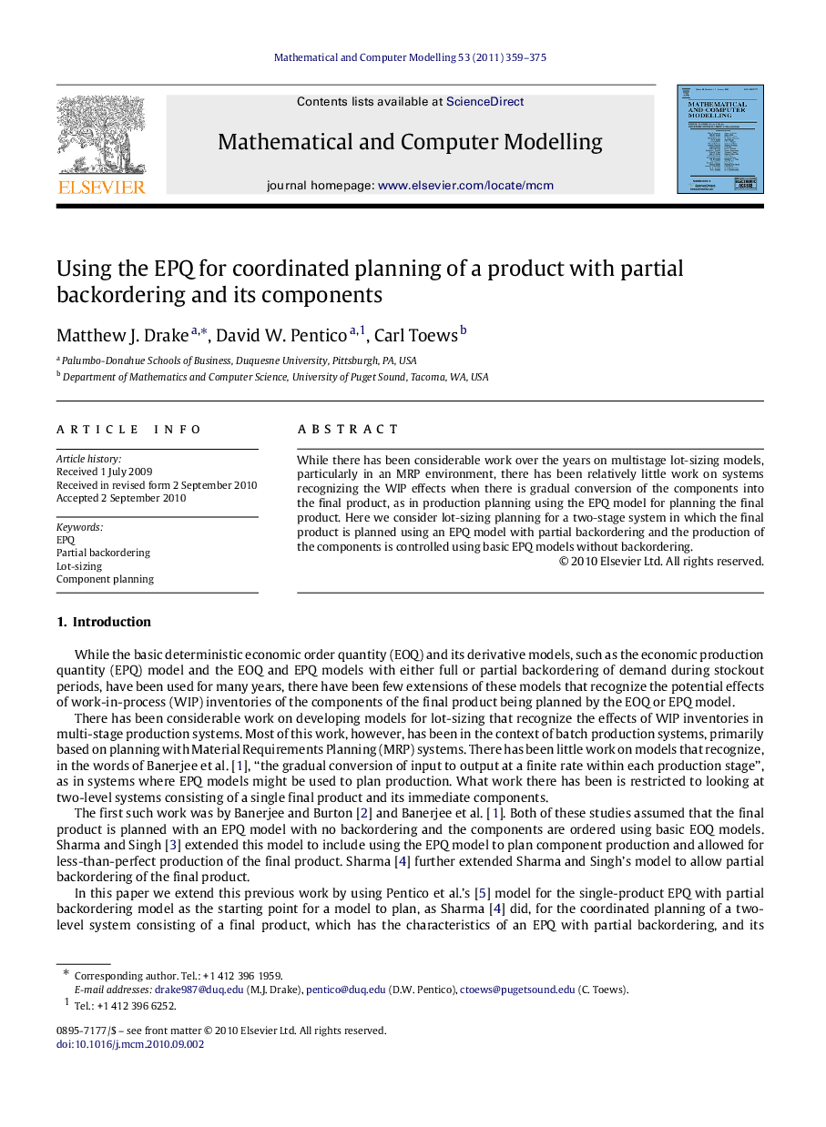 Using the EPQ for coordinated planning of a product with partial backordering and its components