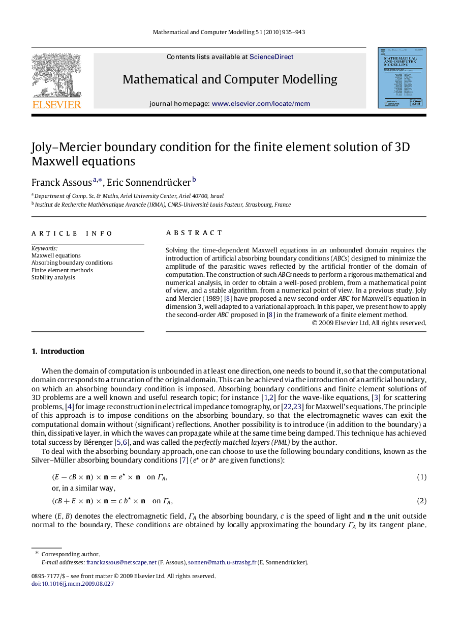 Joly–Mercier boundary condition for the finite element solution of 3D Maxwell equations